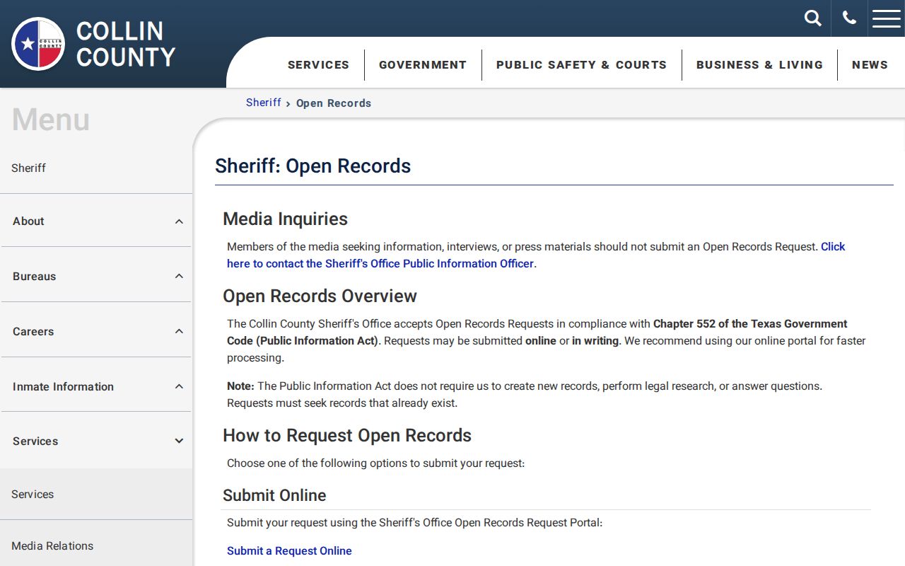 Collin County Sheriff open-records and inmate mugshot request information