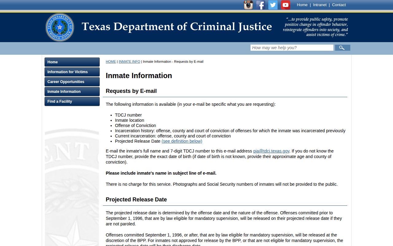 TDCJ incarceration history and projected release information page