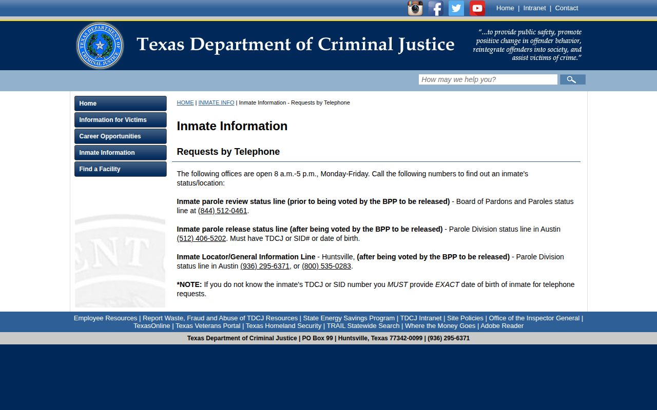 TDCJ parole review and release-status telephone information
